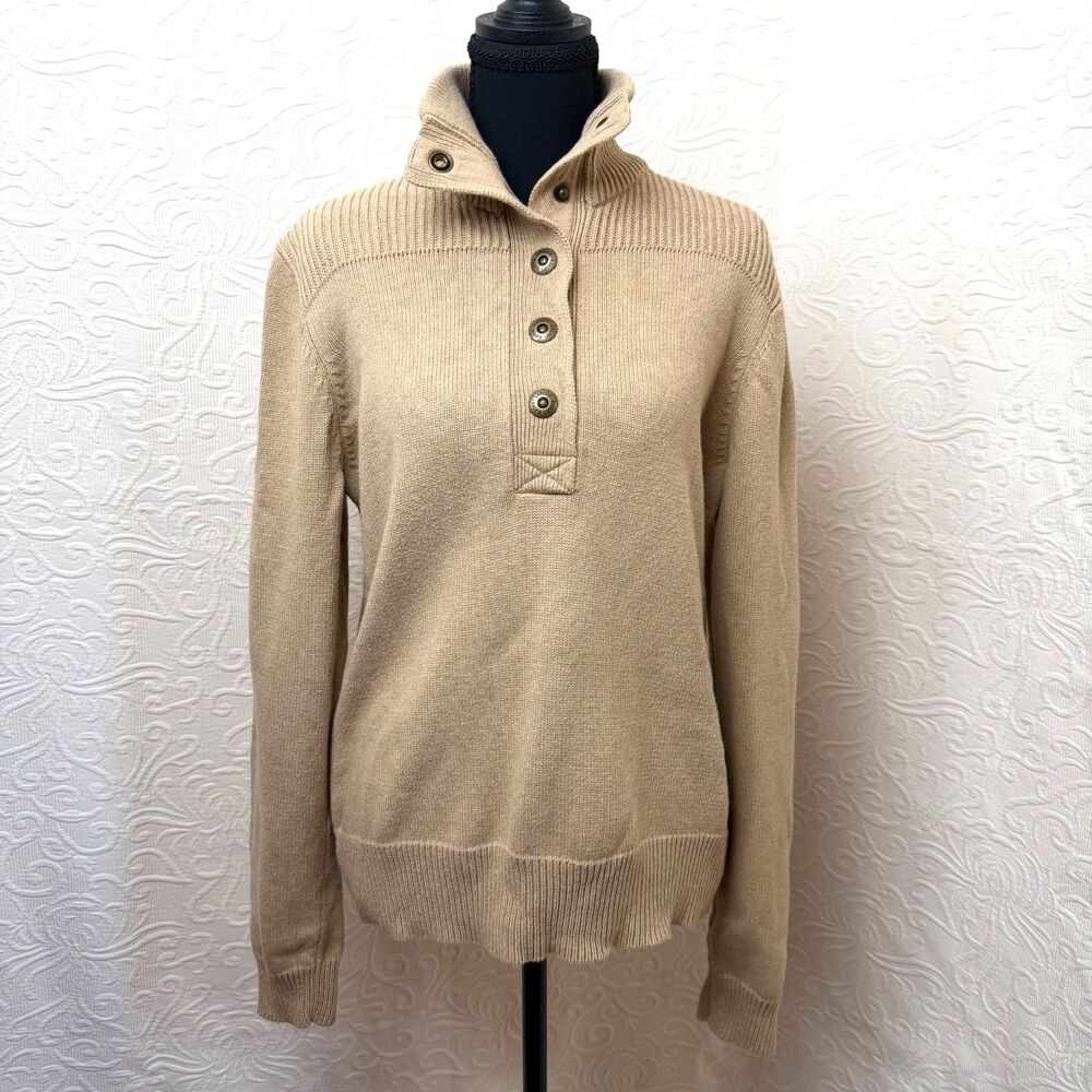 LAUREN Ralph Lauren Tan Ribbed Quarter Button Mock Neck Sweater Cotton Women XL